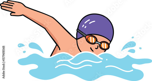 Swimmer with purple swim cap and goggles performing freestyle stroke in blue water vector illustration