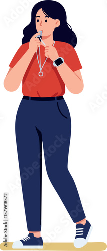 Woman listening to music with earphones and smartwatch in casual outfit vector illustration
