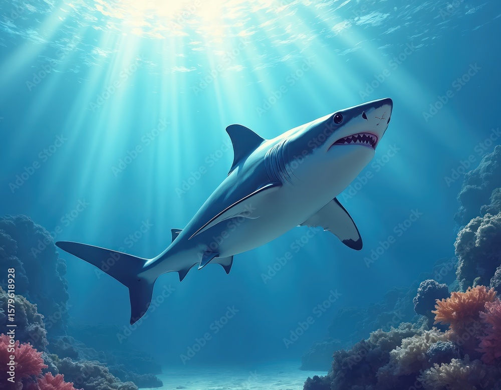 Fototapeta premium Majestic Great White swims in vibrant blue ocean water. Sun rays pierce surface illuminating reef, marine life. Powerful apex predator explores underwater world, raw natural beauty, ocean ecosystem.