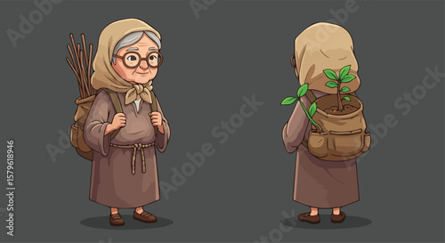Cute cartoon monk or friar character holding branch - religious spiritual illustration