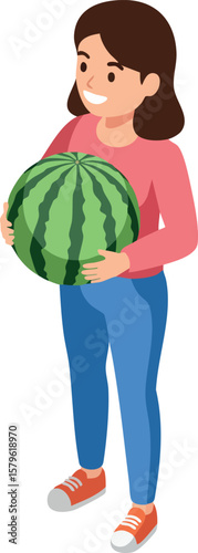 Woman holding watermelon smiling casual clothing happy fresh fruit healthy lifestyle vector illustration
