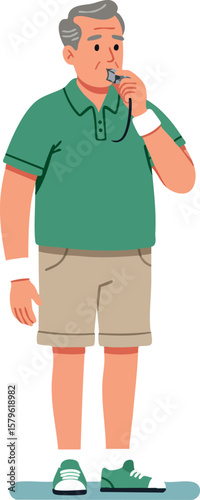 Elderly man wearing green polo shirt and beige shorts standing thoughtfully with hand on chin vector illustration