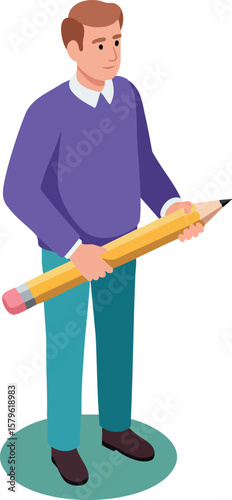 Man holding oversized pencil standing on round mat in casual clothing vector illustration