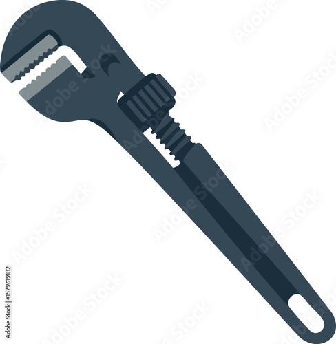 Adjustable pipe wrench tool for plumbing and mechanical repair work in flat vector style