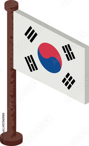 South Korea flag vector illustration with wooden pole design and white background for national symbol representation
