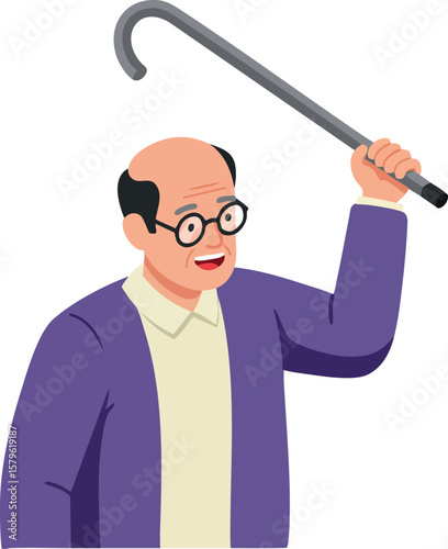 Elderly man raising walking cane in purple sweater and glasses vector illustration for senior lifestyle and health awareness