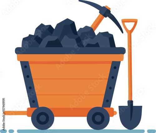Mining cart filled with coal and tools including pickaxe and shovel in vector flat style illustration