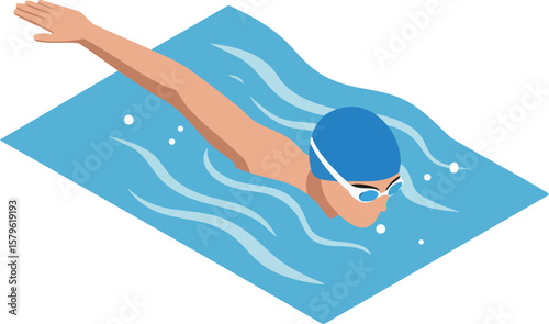 Swimmer in blue swim cap performing freestyle stroke in outdoor pool with water waves vector illustration