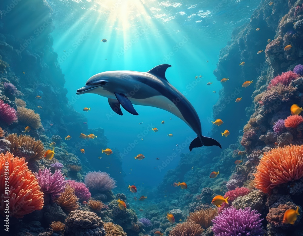 Fototapeta premium Dolphin swims through vibrant coral reef teeming with colorful fish. Sunlight streams from ocean surface illuminating underwater scene. Detailed seascape marine life, diverse coral formations in