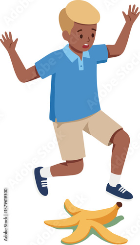 Boy about to slip on banana peel in playful surprise vector illustration with casual clothing and dynamic pose