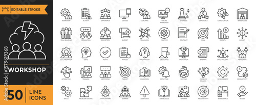 Workshop icon set. Containing team building, training, coaching, teamwork, meeting, managing, coaching, motivation and more. Editable stroke. vector illustration