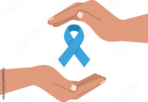 Hands protecting blue awareness ribbon symbolizing support and care for health causes and social issues vector illustration