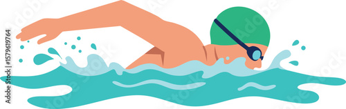 Swimmer in green cap performing freestyle stroke in blue water vector illustration for sports and fitness activities