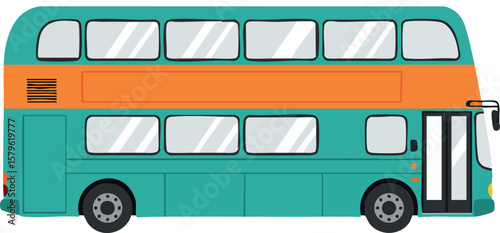 Double decker bus vector illustration with teal and orange color design side view transport vehicle