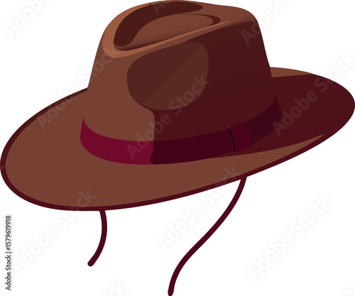 Brown fedora hat with maroon band stylish classic headwear for men and women fashion accessory vector illustration