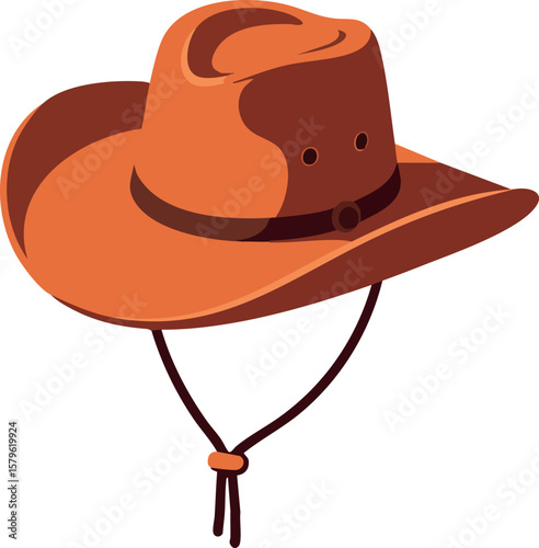 Brown cowboy hat with chin strap western style vector illustration on white background for design projects and fashion accessories