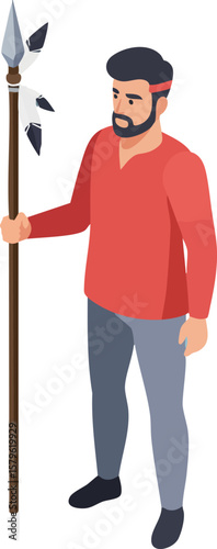 Man holding spear standing in casual red shirt and grey pants vector illustration