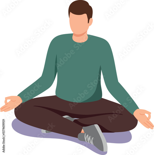 Man sitting cross legged meditating in calm posture with casual clothes and relaxed mood vector illustration