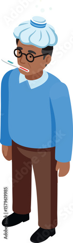 Sick man wearing blue sweater with ice pack on head and thermometer feeling unwell vector illustration