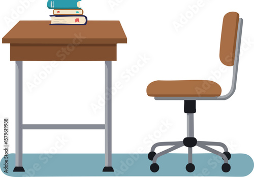 Study desk with books and swivel chair in minimalist interior design for education and work environment vector illustration