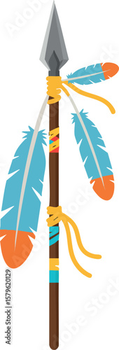 Native American spear with blue and orange feathers traditional weapon vector design art