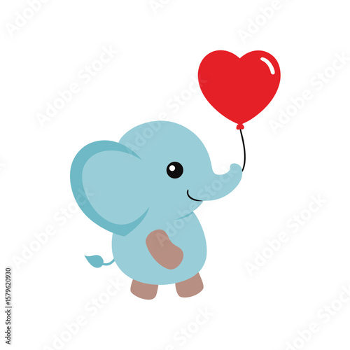 Baby elephant with heart balloon cute nursery Line Art Vector illustration
