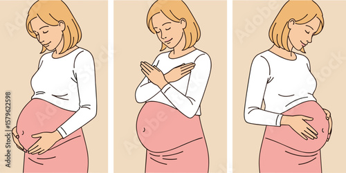 Pregnant woman in various poses, showcasing maternal care, prenatal health, motherhood journey, baby bump nurturing, vector illustration for pregnancy education
