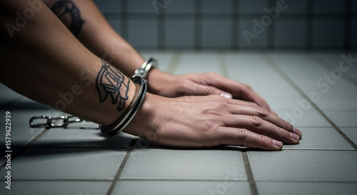 Tattooed hands in handcuffs on tiled floor