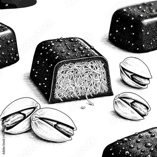 Dubai milk chocolate kunafa pistachio — black and white ink sketch engraving vector illustration on white background

