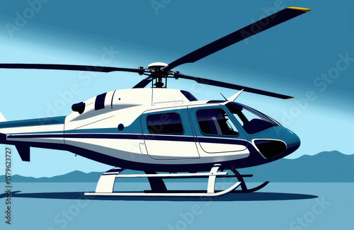 Aerial view of a modern helicopter flying over a mountain landscape