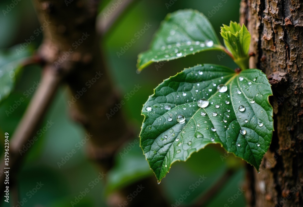 Obraz premium Close-up of a green leaf with water droplets on a tree trunk