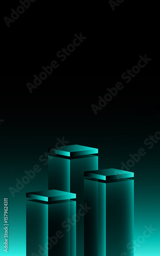 Dark green and glossy isometric square podium. Product display mockup. Clean and minimalist design, with spaces for adding text. Ideal for product sales, advertising, and 3D design, modern, futuristic