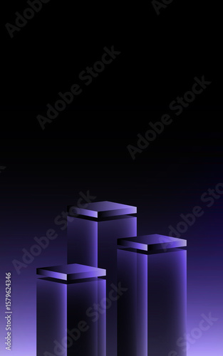 Three three-tiered display podiums, dark purple and shiny metallic.
Product display platform in dark scene. Cyber laser room and pedestal for winner presentation or sales marketing products. Realistic