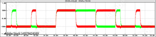 Vector graph of dependence of analog electrical
signal from time isolated on transparent background.
Measurement of voltage, amplitude, frequency on
paper sheet. Modeling oscillation on oscilloscope.