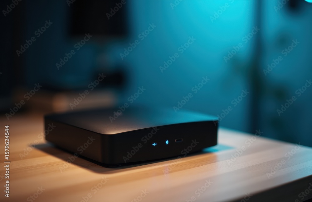 Electronic device with illuminated indicator lights placed on wooden surface in a dimly lit room Electronic device with illuminated indicator lights placed on wooden surface in a dimly lit room