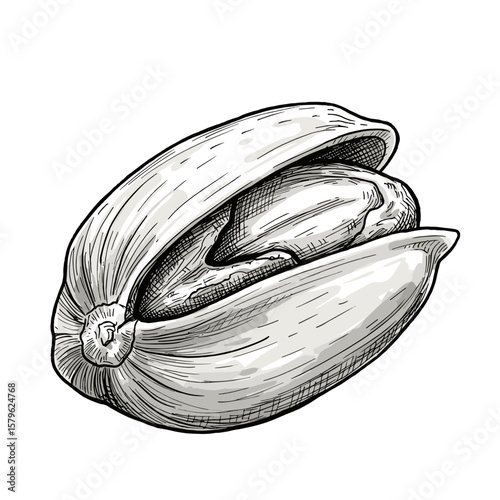 Single pistachio nut close-up — black and white ink sketch engraving vector illustration on white background

