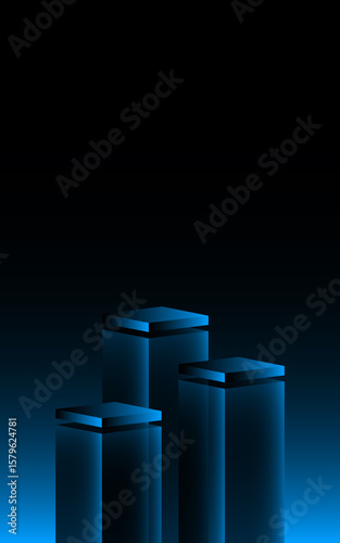Modern, vertical, futuristic podium in dark blue for product branding, with a clean, minimalist gradient background. Elegant digital projects, business, motion graphics, marketing, and technology