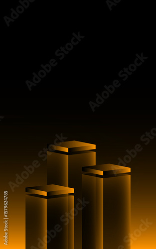 Modern background of podium 3D light deep yellow platform stage product abstract. Scene background 3D podium dark pedestal room glow template, futuristic and technology stand floor night modern. 