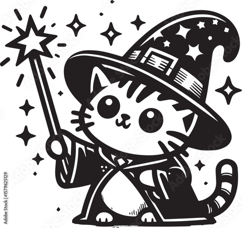 Charming wizard cat conjuring magic with wand for whimsical designs and enchanting creative projects