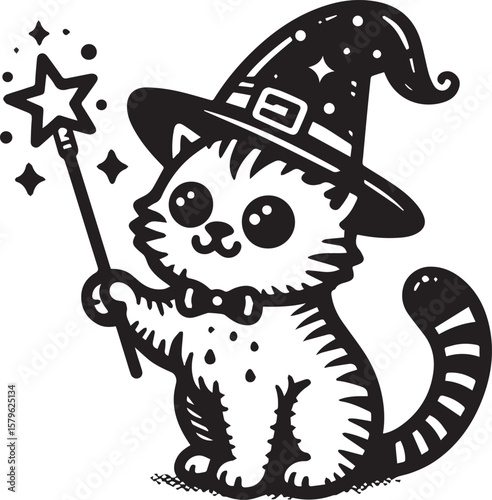 Charming wizard cat conjuring magic with wand for whimsical designs and enchanting creative projects