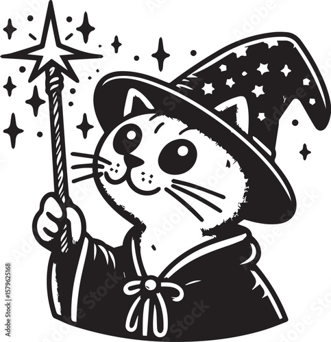 Charming wizard cat conjuring magic with wand for whimsical designs and enchanting creative projects