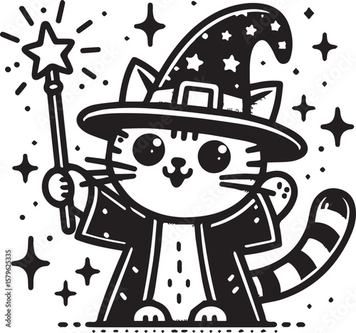 Charming wizard cat conjuring magic with wand for whimsical designs and enchanting creative projects