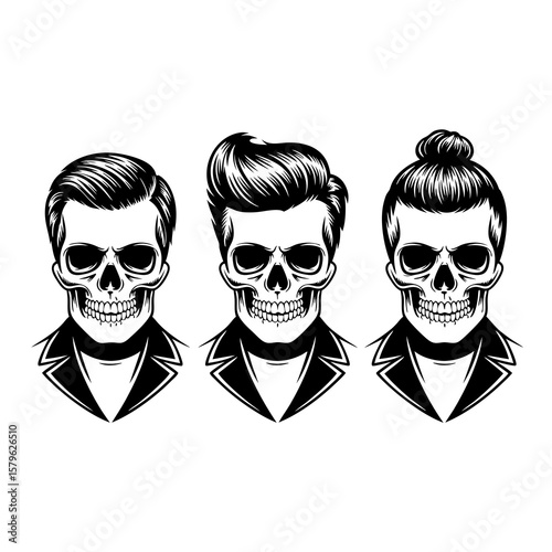 Three skulls with different hairstyles and jackets, presented in a black and white vector illustration.