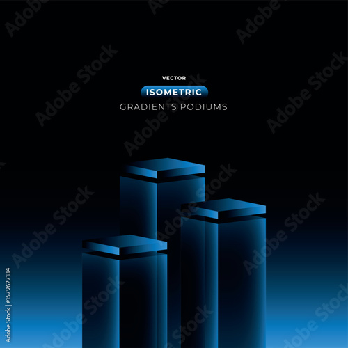 Isometric Modern and futuristic podium in dark blue for product branding, with a clean,minimalist gradient background. Elegant digital projects, business, motion graphics, marketing, and technology