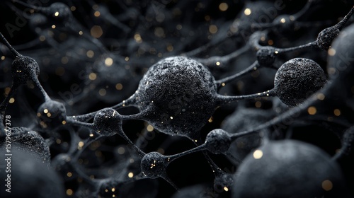 Fototapeta Naklejka Na Ścianę i Meble -  Black atoms swirling in a primordial goo shady and mysterious set against a deep dark black background abstract and moody artwork.