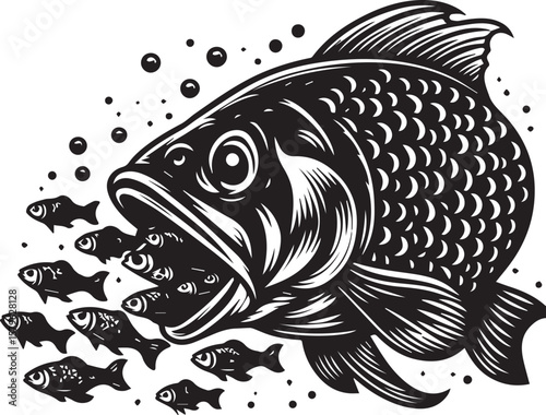 A predatory fish devouring smaller fish in a vintage illustration style. A striking black and white illustration of a large fish with an open mouth, aggressively consuming smaller fish.