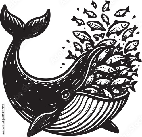 A predatory fish devouring smaller fish in a vintage illustration style. A striking black and white illustration of a large fish with an open mouth, aggressively consuming smaller fish.