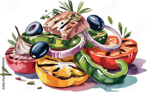  a healthy and colorful medley of grilled vegetables. Perfectly charred bell peppers, red onion, and tomatoes are paired with succulent pieces of meat 