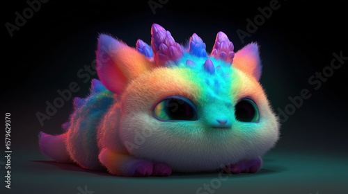 Sleepy Cute Fantasy Creature with Glowing Rainbow Horns