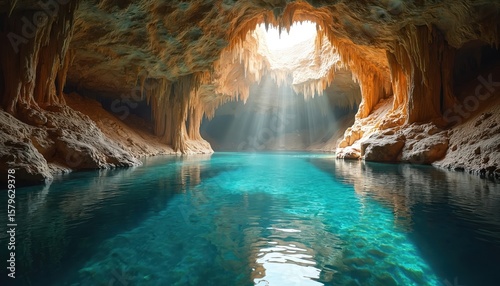 Venture into underground waterflow perspective of karst limestone formations. Clear turquoise water winds through subterranean cave system, illuminated by sunbeams piercing cavern ceiling, revealing